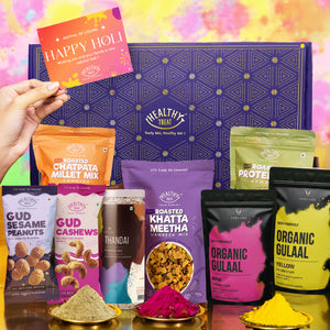 Colourful Holi Gift Hamper | Roasted Healthy Snacks, Thandai Mix, & Holi Greeting Card
