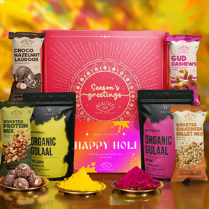 Festive Joy Holi Gift Hamper | Roasted Healthy Snacks, Hazelnut Laddoo, Herbal Gulal & Holi Greeting Card