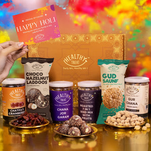 Celebration Holi Gift Hamper | Roasted Healthy Snacks, Berries, Hazelnut Laddoo, & Holi Greeting Card