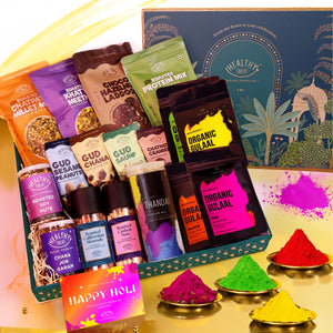 Festive Luxe Holi Gift Hamper | Roasted Dry Fruits, Healthy Snacks, Hazelnut Laddoo, Thandai Mix, Herbal Gulal & Holi Greeting Card