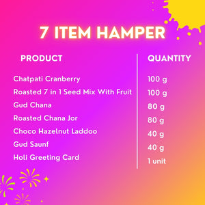 Celebration Holi Gift Hamper | Roasted Healthy Snacks, Berries, Hazelnut Laddoo, & Holi Greeting Card