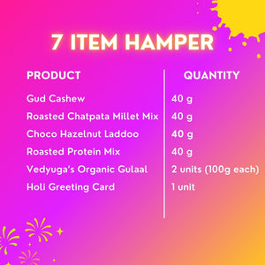 Festive Joy Holi Gift Hamper | Roasted Healthy Snacks, Hazelnut Laddoo, Herbal Gulal & Holi Greeting Card