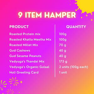 Colourful Holi Gift Hamper | Roasted Healthy Snacks, Thandai Mix, & Holi Greeting Card