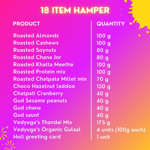 Festive Luxe Holi Gift Hamper | Roasted Dry Fruits, Healthy Snacks, Hazelnut Laddoo, Thandai Mix, Herbal Gulal & Holi Greeting Card