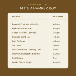 Anmol Rakhi Gift Hamper for Brother with Snacks, 14 Items | 2 Handcrafted Rakhis, Roli Chawal, Greeting Card, Protein Mix, Gud Cashew, Choco Laddoo, Millet Mix, Raksha Bandhan Combo