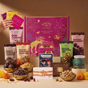 Anmol Rakhi Gift Hamper for Brother with Snacks, 14 Items | 2 Handcrafted Rakhis, Roli Chawal, Greeting Card, Protein Mix, Gud Cashew, Choco Laddoo, Millet Mix, Raksha Bandhan Combo