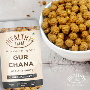 Healthy Treat Gur Chana or Roasted chickpeas with natural pure jaggery, these are healthy diabetic friendly immunity jaggery shots which are protein rich and full of nutrients.