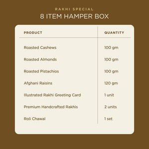 Mewa Bandhan Rakhi with Dry Fruits for Brother, 8 Items | Rakhi Pair, Roli Chawal, Roasted Cashews, Almonds, Pistachios, Raisins, Greeting Card, Raksha Bandhan Dry Fruit Hamper