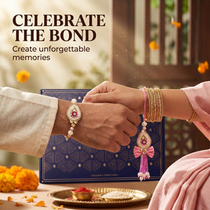 Perfect Jodi Bhaiya Bhabhi Rakhi Hamper with Lumba, 11 Items | Lumba Rakhi Pair, Roli Chawal, Scented Candle, Choco Laddoos, Gud Cashew, Khatta Meetha, Gud Saunf, Raksha Bandhan Jodi