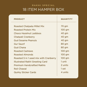 Magic Box Rakhi Hamper for Brother with Dry Fruits, 18 Items | Rakhi Pair, Roli Chawal, Almonds, Cashews, Seed Mix, Gud Chana, Gud Saunf, Sesame Peanut, Chocolate Laddoo, Raksha Bandhan