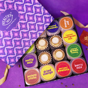 Super Snacker Premium Diwali Gift Box Hamper - Pack of 12 snacks, 4 diyas