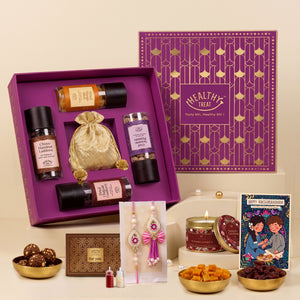 Utsav Rakhi Gift Hamper | Chatpati Cranberry, Dried Mango, Gud Sesame Peanut, Chocolate Hazelnut Laddoo, Scented Candle, Handmade Rakhi Pair, Roli Chawal & Greeting Card