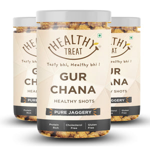 Healthy Treat Gur Chana or Roasted chickpeas with natural pure jaggery, these are healthy diabetic friendly immunity jaggery shots which are protein rich and full of nutrients.