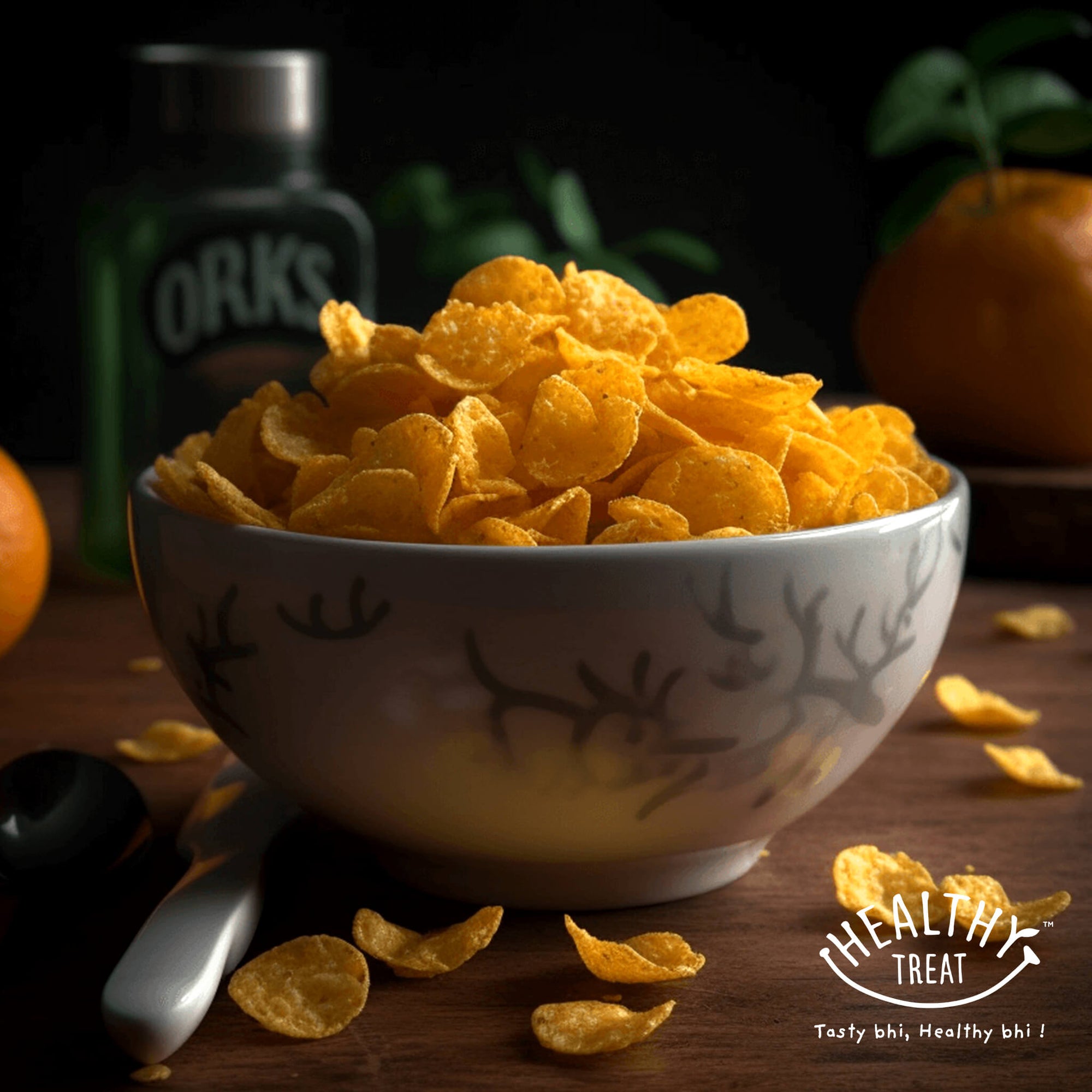 Healthy Treat Roasted Cornflakes namkeen, is oil free and crunchy, healthy and protein packed, made with real corn.