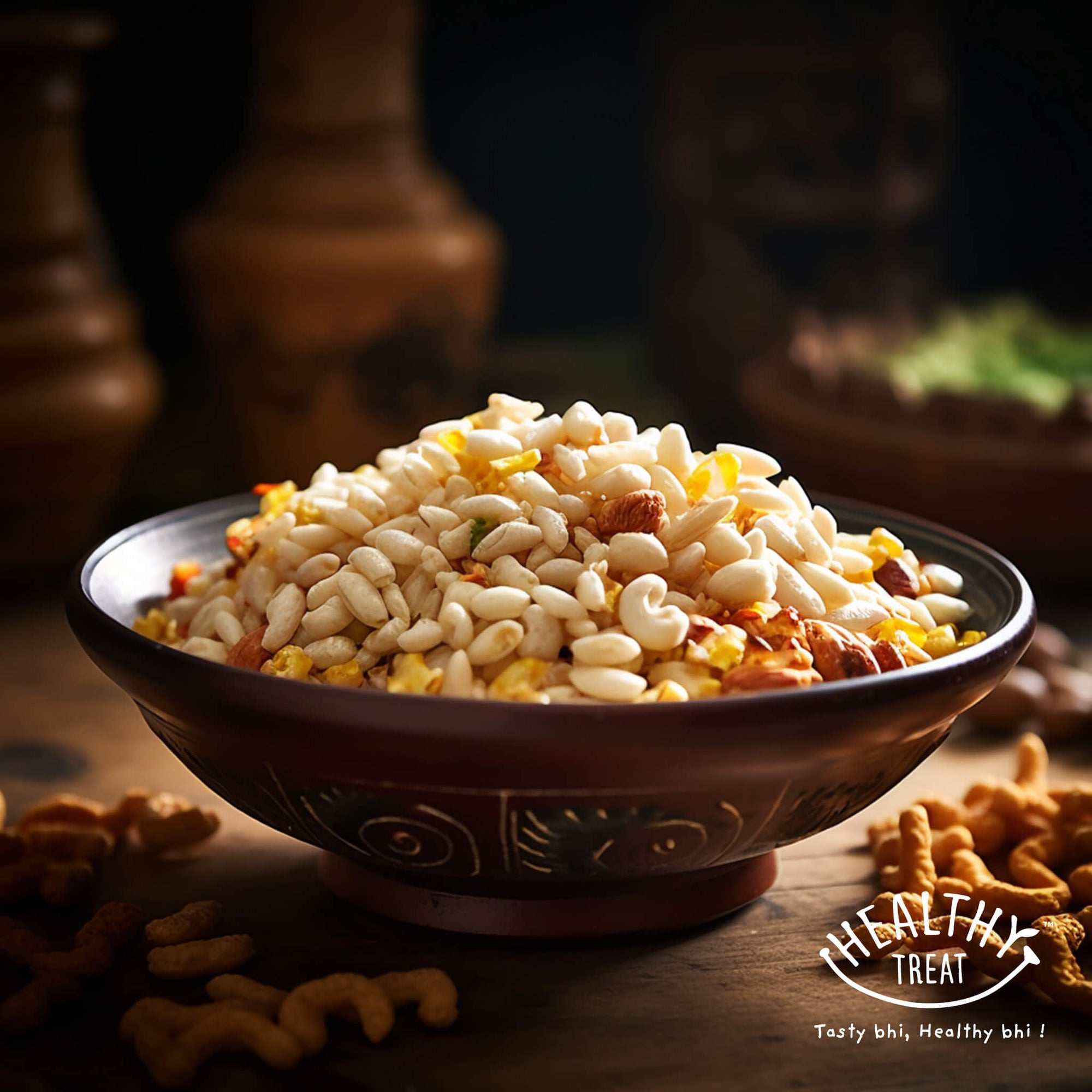 Roasted Bhel mix or puffed rice by Healthy Treat, mixed with roasted bengal gram, roasted peanuts, roasted sorghum and curry leaves. Delightful taste and healthy crunch, its a great diet snack.