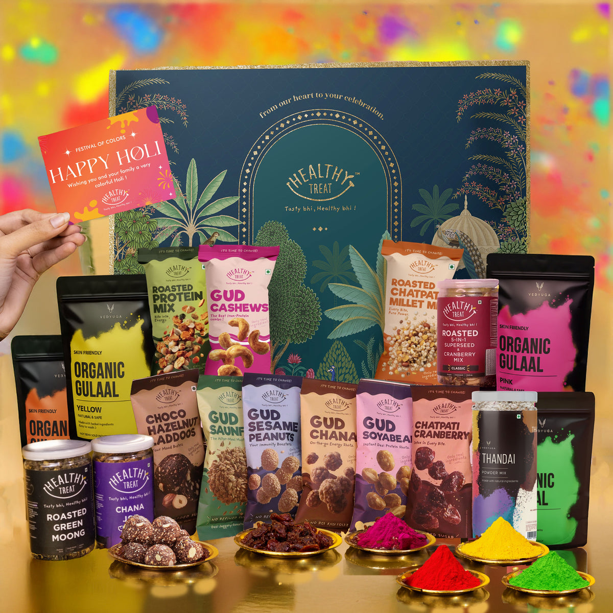 Bada Dhamaka Holi Gift Hamper | Roasted Healthy Snacks, Hazelnut Laddoo, Thandai Mix, Herbal Gulal & Holi Greeting Card