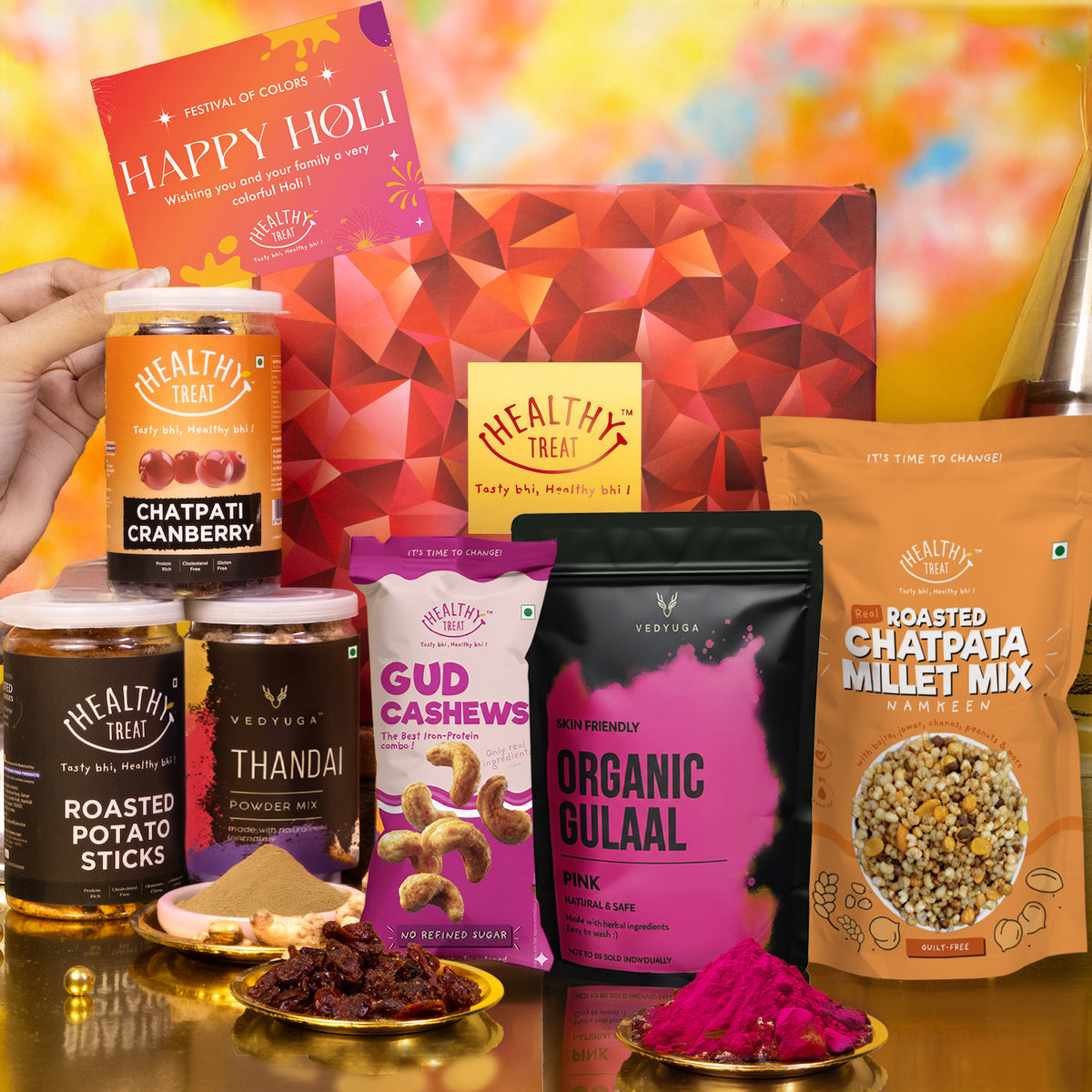 Holi Glow Gift Hamper | Roasted Healthy Snacks, Thandai Mix, Herbal Gulal & Holi Greeting Card