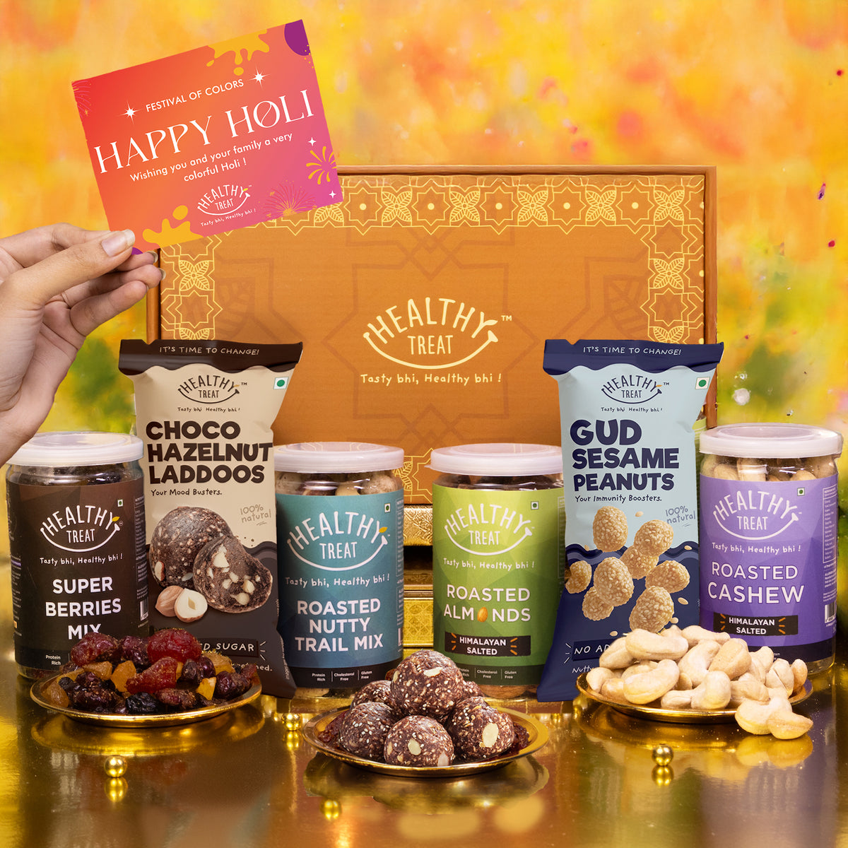 Delight Holi Gift Hamper | Roasted Dry fruits, Berries, Hazelnut Laddoo, & Holi Greeting Card
