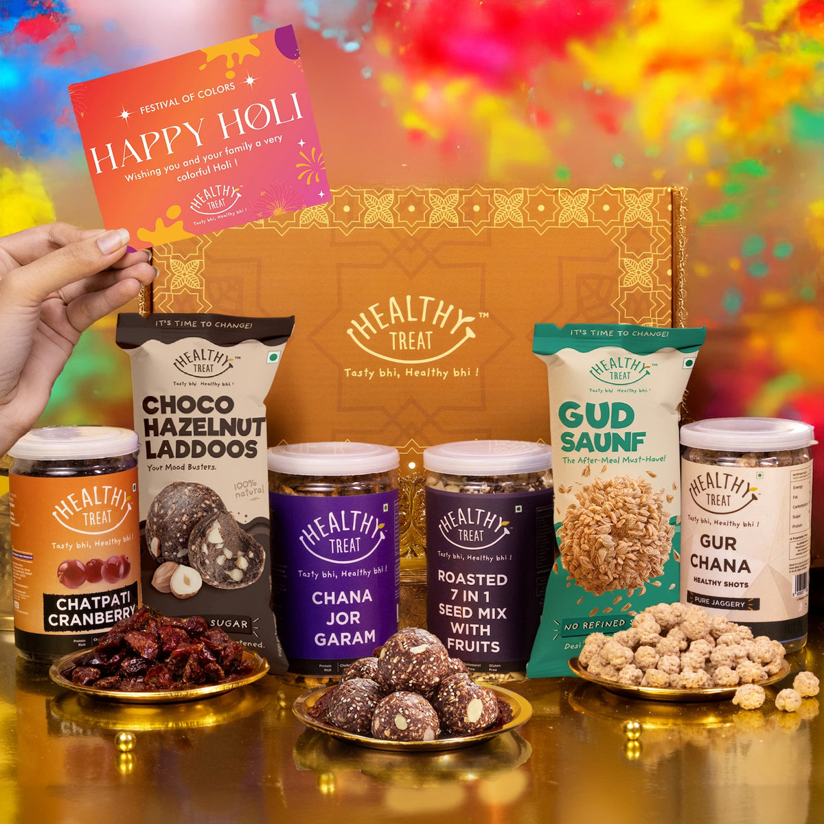 Celebration Holi Gift Hamper | Roasted Healthy Snacks, Berries, Hazelnut Laddoo, & Holi Greeting Card