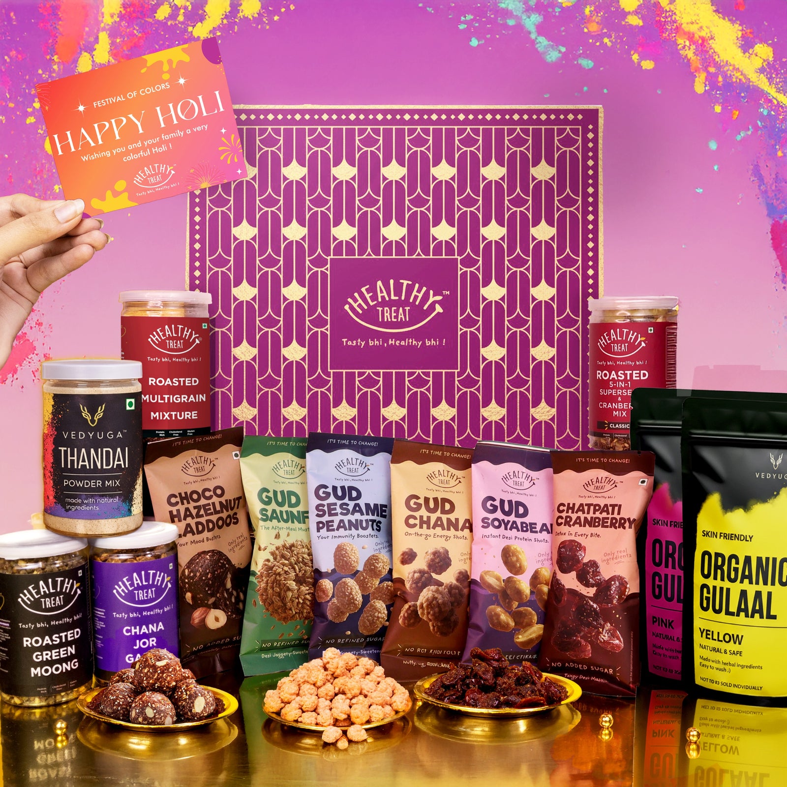 Dhamaka Holi Gift Hamper | Roasted Healthy Snacks, Hazelnut Laddoo, Thandai Mix, & Holi Greeting Card