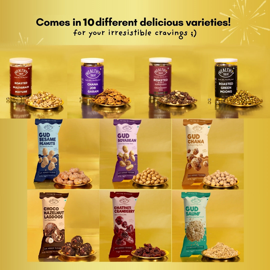 Dhamaka Holi Gift Hamper | Roasted Healthy Snacks, Hazelnut Laddoo, Thandai Mix, & Holi Greeting Card