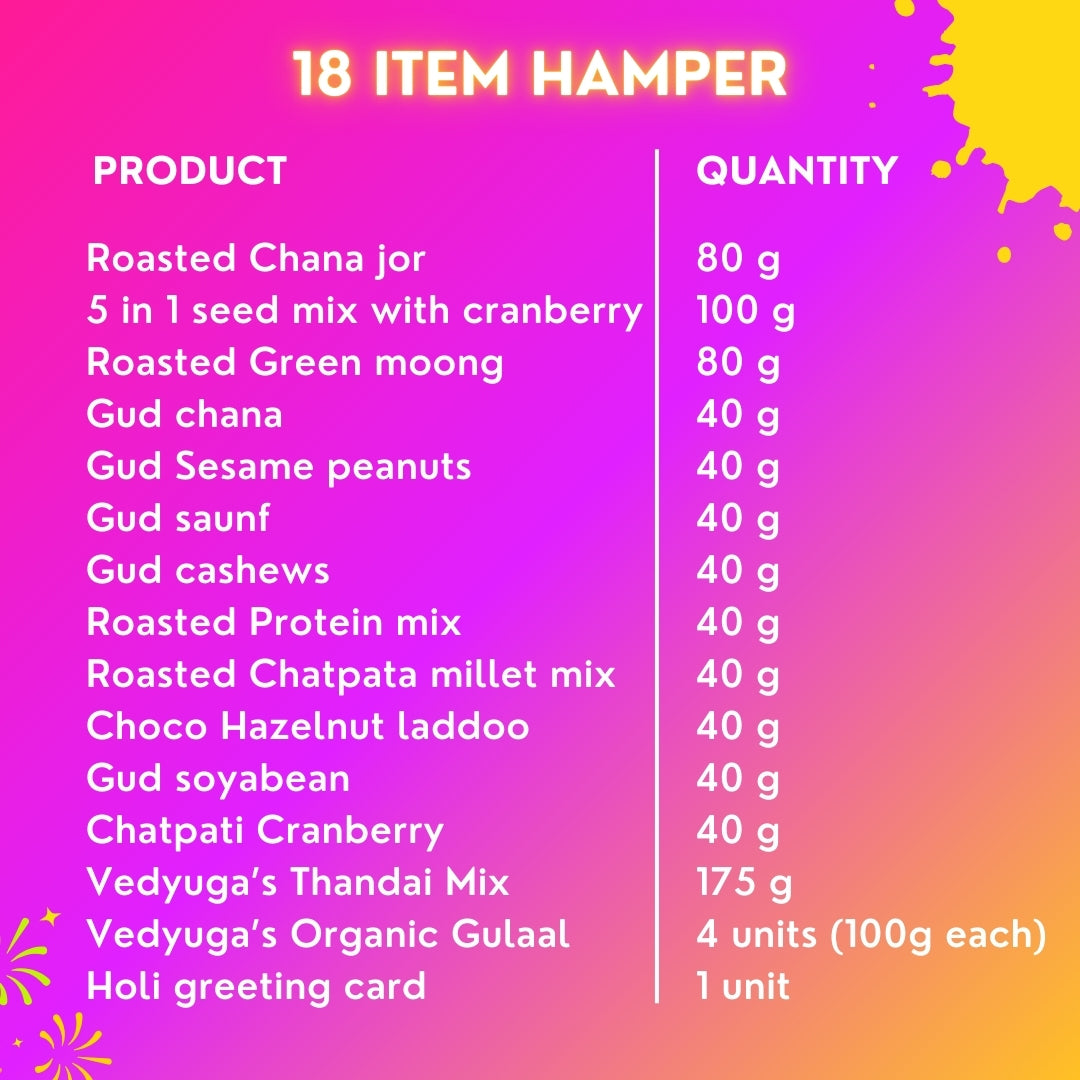 Bada Dhamaka Holi Gift Hamper | Roasted Healthy Snacks, Hazelnut Laddoo, Thandai Mix, Herbal Gulal & Holi Greeting Card