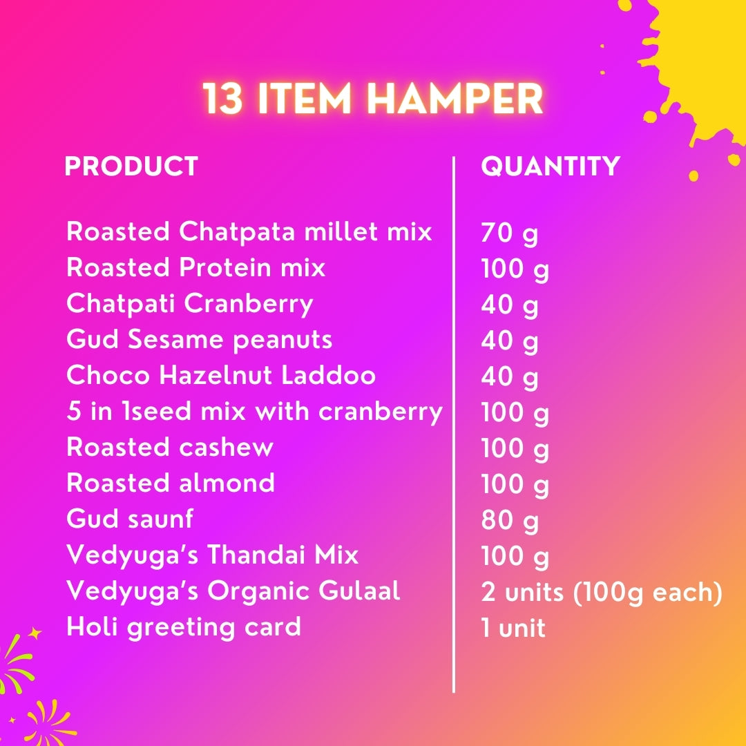 Magic Holi Gift Hamper | Roasted Dry Fruits, Healthy Snacks, Hazelnut Laddoo, Thandai Mix, Herbal Gulal & Holi Greeting Card