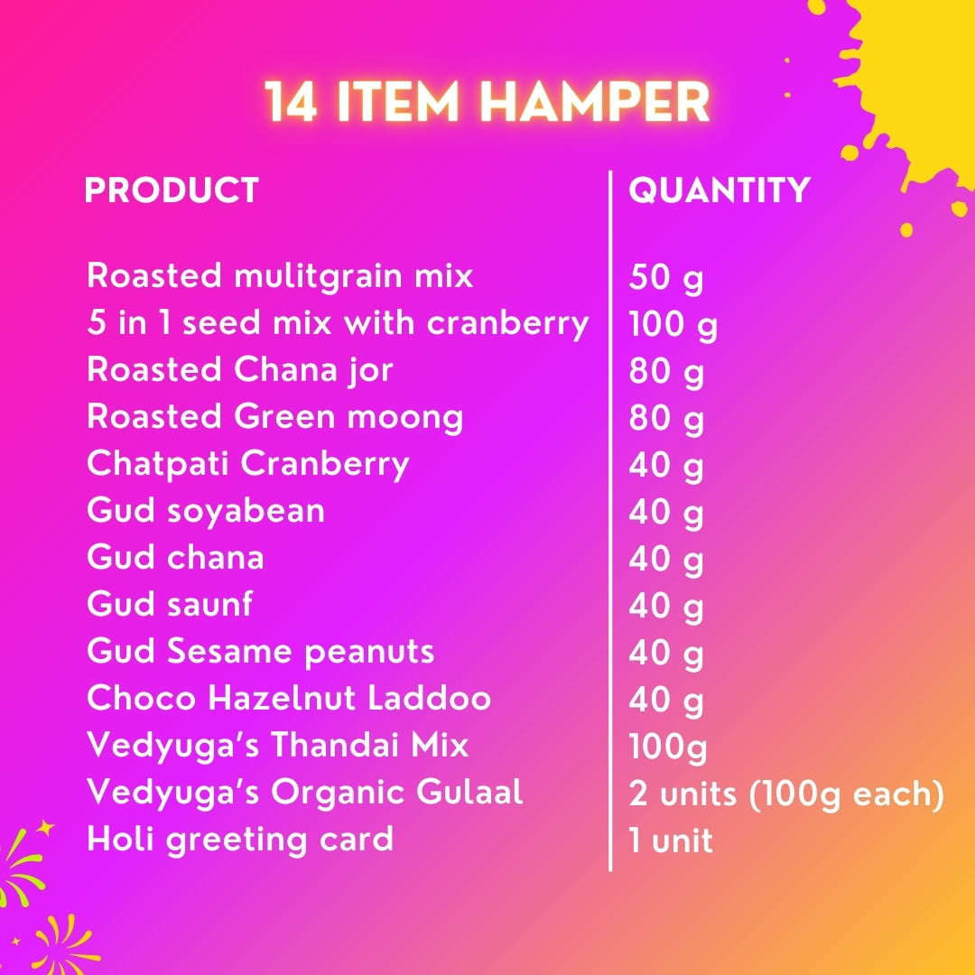 Dhamaka Holi Gift Hamper | Roasted Healthy Snacks, Hazelnut Laddoo, Thandai Mix, & Holi Greeting Card