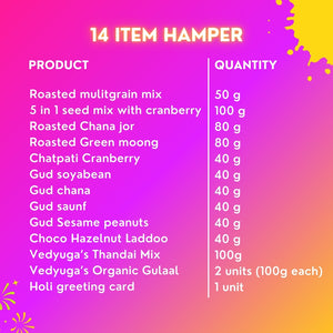 Dhamaka Holi Gift Hamper | Roasted Healthy Snacks, Hazelnut Laddoo, Thandai Mix, & Holi Greeting Card