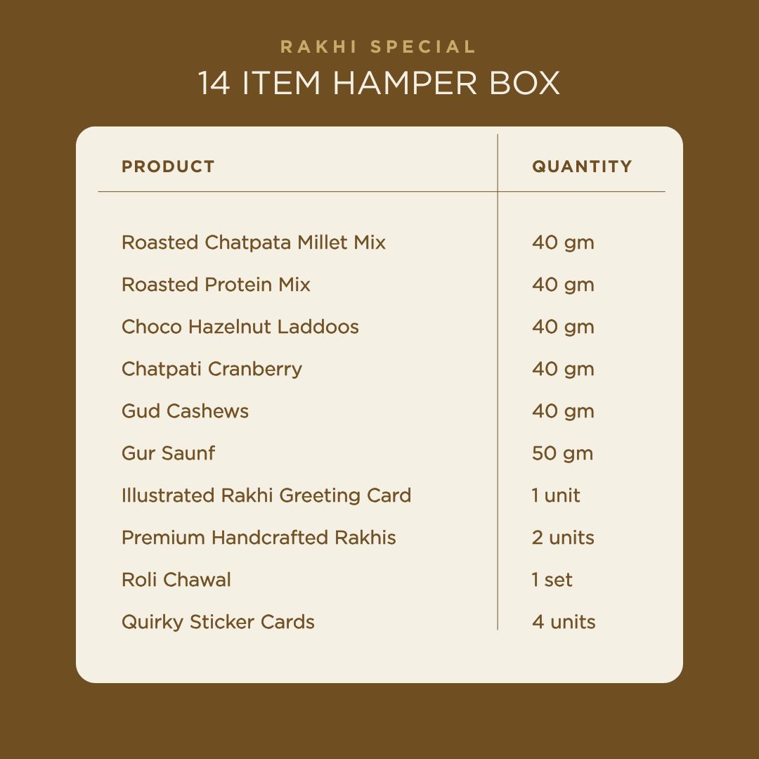 Anmol Rakhi Gift Hamper for Brother with Snacks, 14 Items | 2 Handcrafted Rakhis, Roli Chawal, Greeting Card, Protein Mix, Gud Cashew, Choco Laddoo, Millet Mix, Raksha Bandhan Combo