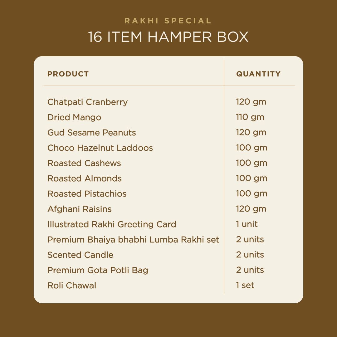 Anmol Tyohar Rakhi Gift Hamper | Premium Raksha Bandhan Gift Box with Roasted Cashews, Almonds, Pistachios, Raisins, Dried Mango, Chatpati Cranberry, Gud Sesame Peanut, Chocolate Hazelnut Laddoo, Handmade Rakhi Pair, Roli Chawal & Greeting Card