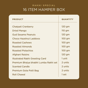 Anmol Tyohar Rakhi Gift Hamper | Premium Raksha Bandhan Gift Box with Roasted Cashews, Almonds, Pistachios, Raisins, Dried Mango, Chatpati Cranberry, Gud Sesame Peanut, Chocolate Hazelnut Laddoo, Handmade Rakhi Pair, Roli Chawal & Greeting Card