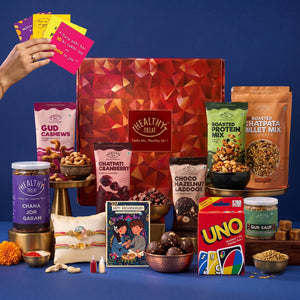 Bachpan Ki Yaadein Premium Rakhi Hamper for Brother, 16 Items | Rakhi Pair, Roli Chawal, Dry Fruits, Gud Cashew, Chana Jor, Choco Laddoo, Gud Saunf, Cranberry,