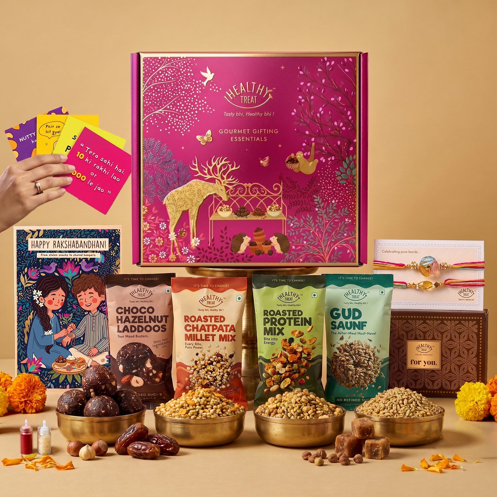 Bandhan Rakhi Gift Box for Brother with Snacks, 12 Items | 2 Designer Rakhis, Roli Chawal, Gud Saunf, Choco Laddoo, Protein Mix, Millet Mix, Mouth Freshener,