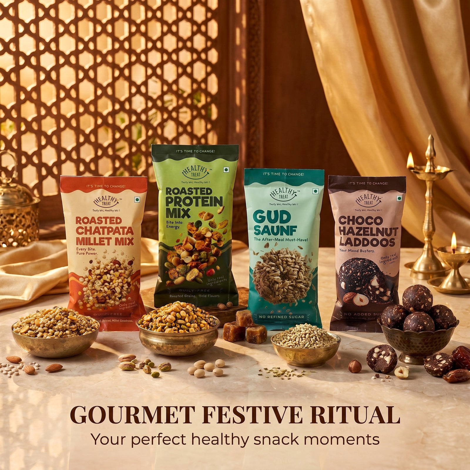 Bandhan Rakhi Gift Box for Brother with Snacks, 12 Items | 2 Designer Rakhis, Roli Chawal, Gud Saunf, Choco Laddoo, Protein Mix, Millet Mix, Mouth Freshener,
