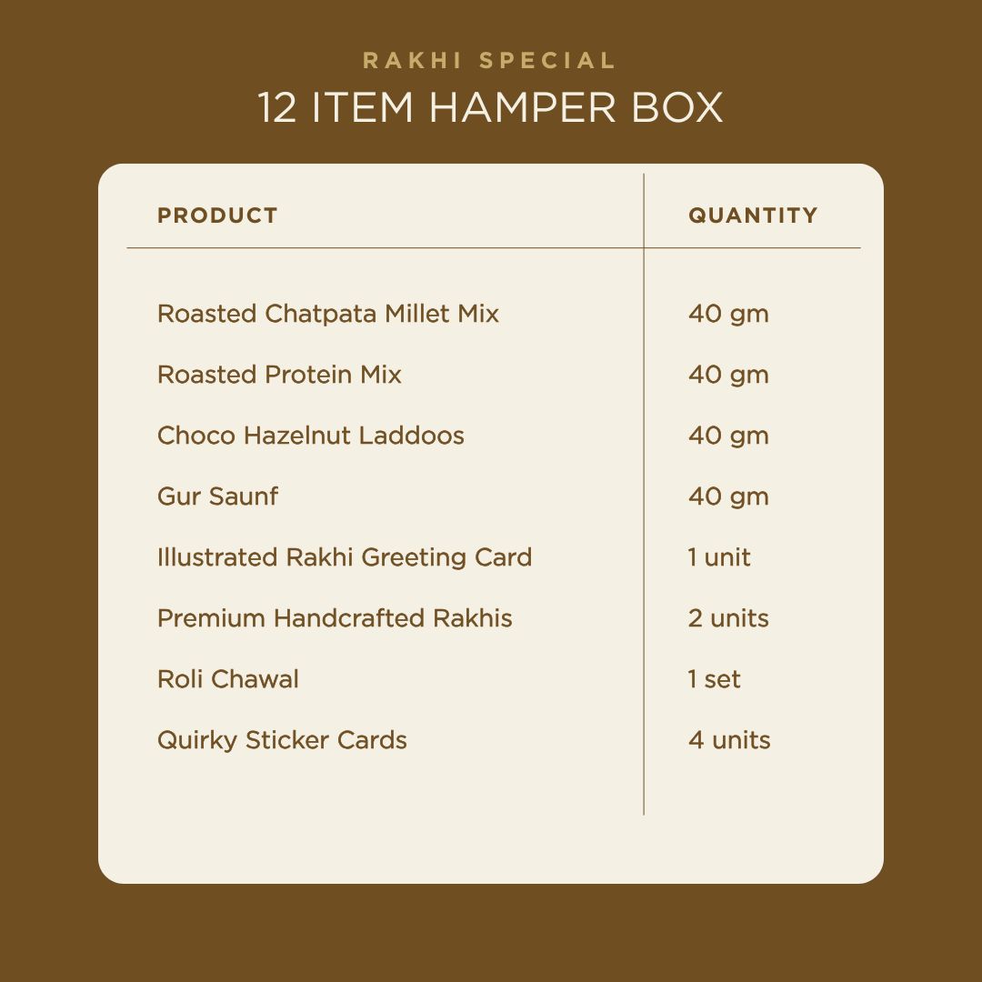 Bandhan Rakhi Gift Box for Brother with Snacks, 12 Items | 2 Designer Rakhis, Roli Chawal, Gud Saunf, Choco Laddoo, Protein Mix, Millet Mix, Mouth Freshener,