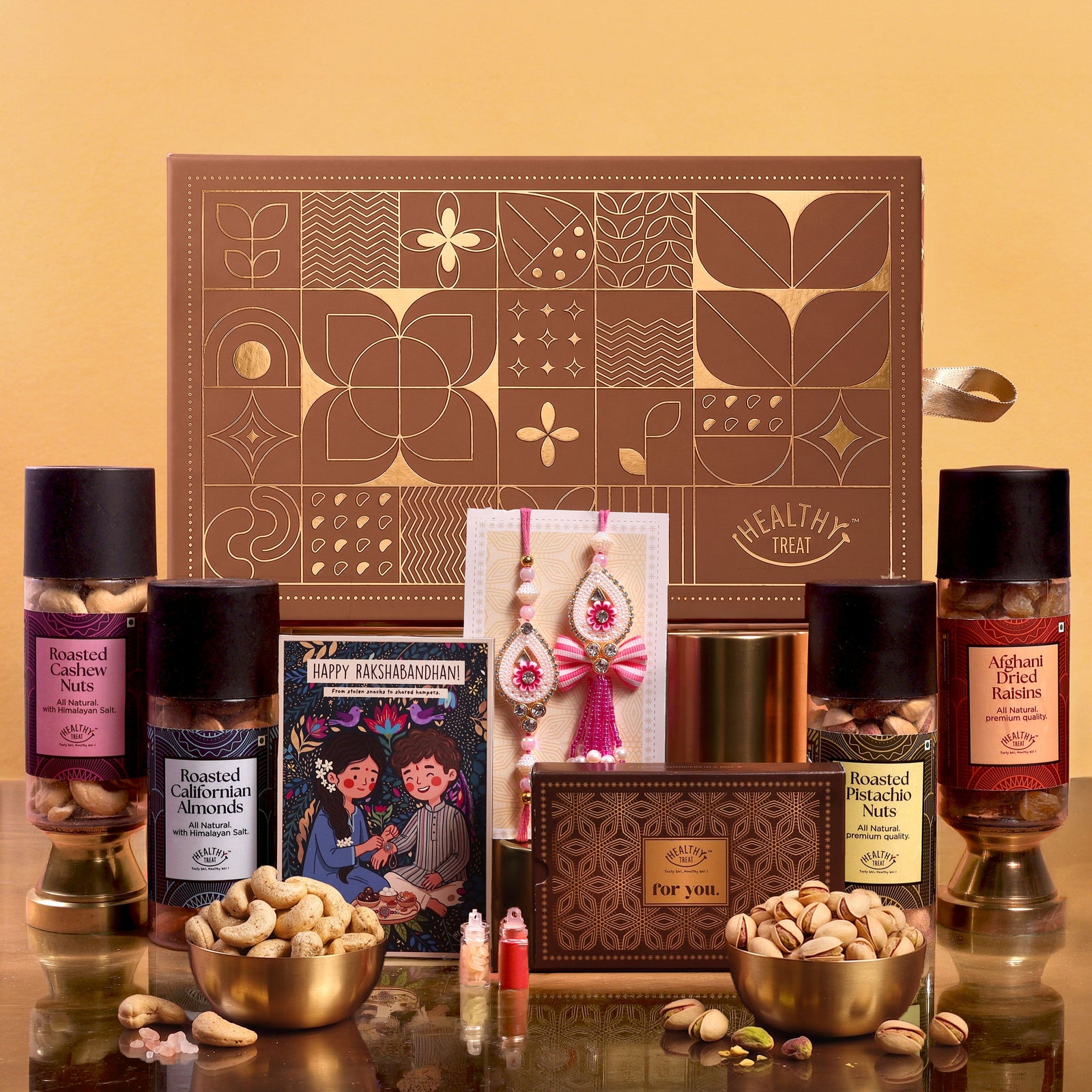 Bhaiya Bhabhi Dry Fruits Rakhi Gift Hamper | Premium Raksha Bandhan Gift Box with Roasted Cashews, Almonds, Pistachios & Raisins