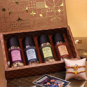 Mewa Bandhan Rakhi with Dry Fruits for Brother, 8 Items | Rakhi Pair, Roli Chawal, Roasted Cashews, Almonds, Pistachios, Raisins, Greeting Card, Raksha Bandhan Dry Fruit Hamper