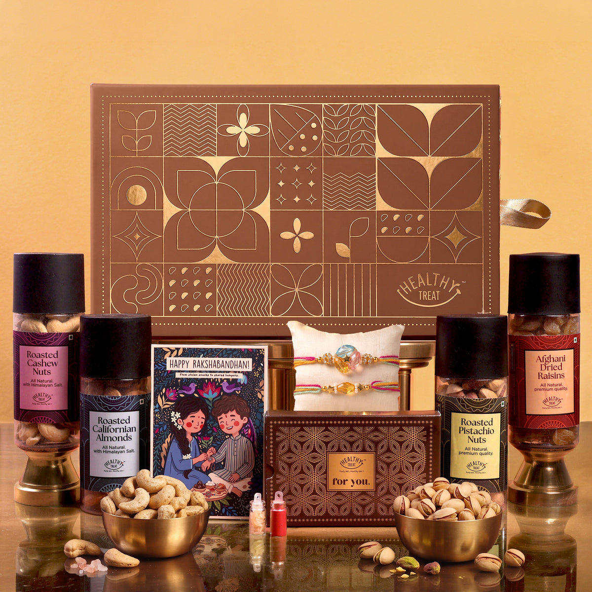 Mewa Bandhan Rakhi with Dry Fruits for Brother, 8 Items | Rakhi Pair, Roli Chawal, Roasted Cashews, Almonds, Pistachios, Raisins, Greeting Card, Raksha Bandhan Dry Fruit Hamper