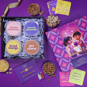 Nutty Sibling Love Rakhi Gift Box | Pack of 4 snacks, 1 Pair Rakhi, 1 Roli chawal, 4 Stickers