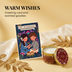 Perfect Jodi Bhaiya Bhabhi Rakhi Hamper with Lumba, 11 Items | Lumba Rakhi Pair, Roli Chawal, Scented Candle, Choco Laddoos, Gud Cashew, Khatta Meetha, Gud Saunf, Raksha Bandhan Jodi