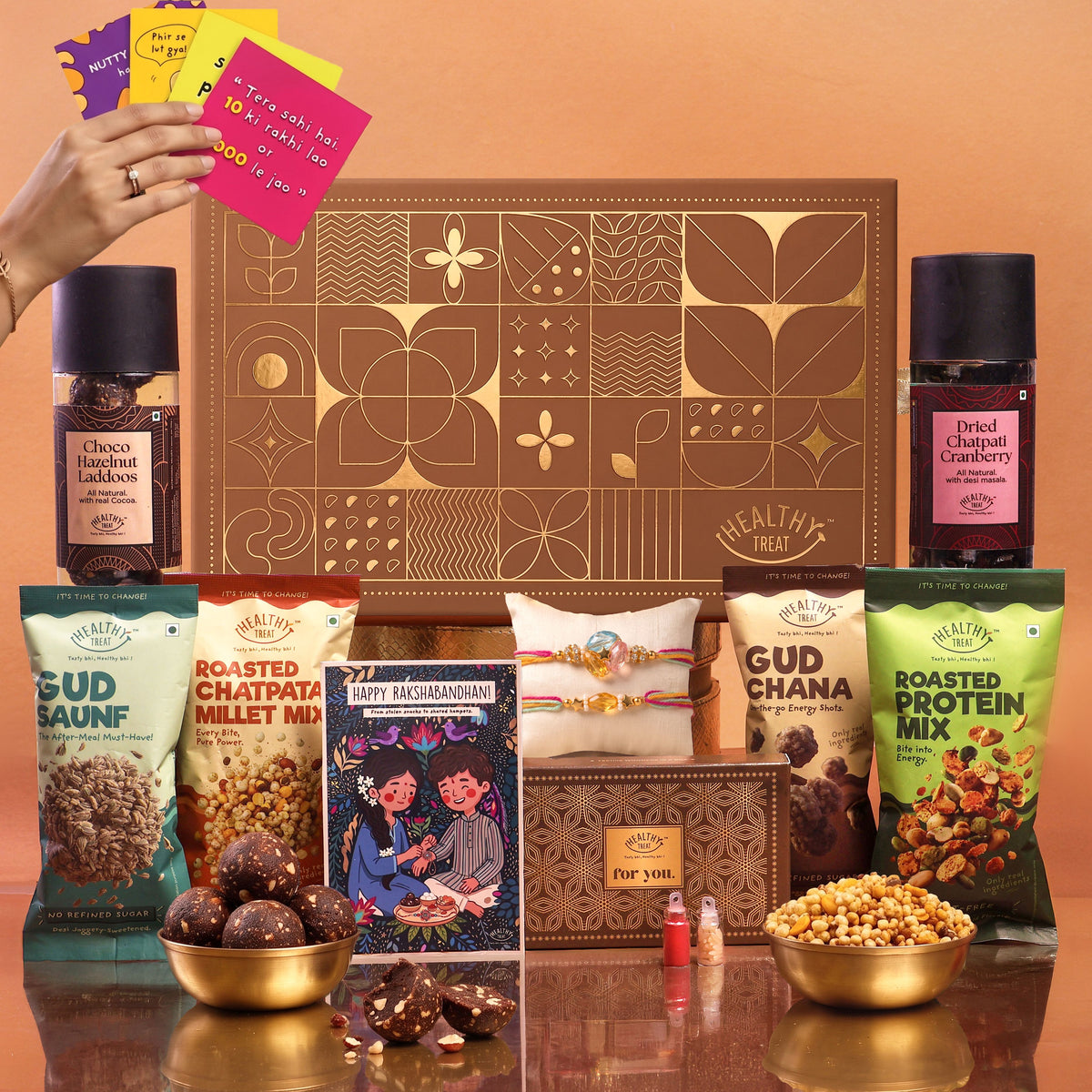 Pyara Rishta Rakhi with Chocolate for Brother, 14 Items | Rakhi Pair, Roli Chawal, Chocolate Laddoo, Cranberry, Gud Chana, Gud Saunf, Protein Mix, Stickers,