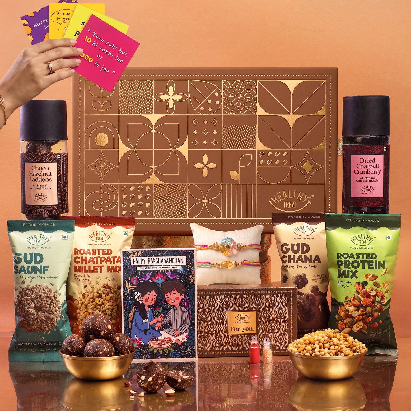 Pyara Rishta Rakhi with Chocolate for Brother, 14 Items | Rakhi Pair, Roli Chawal, Chocolate Laddoo, Cranberry, Gud Chana, Gud Saunf, Protein Mix, Stickers,
