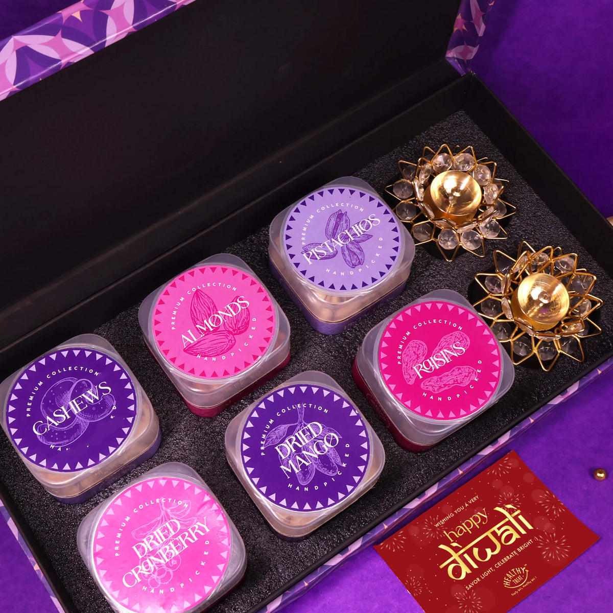 Elegance Premium Dry Fruit Diwali Gift box - Pack of 6 snacks, 2 Brass Diyas
