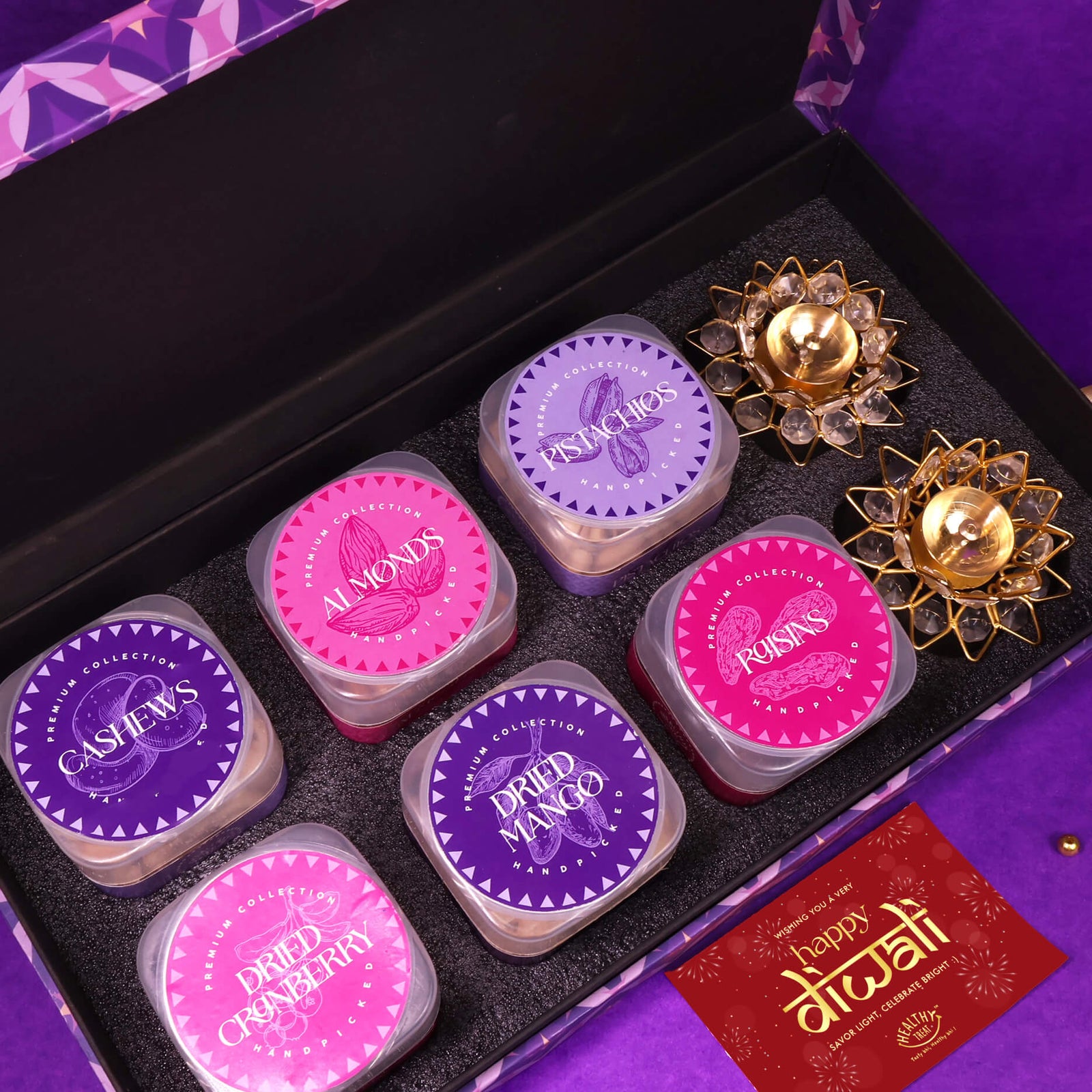 Elegance Premium Dry Fruit Diwali Gift box - Pack of 6 snacks, 2 Brass Diyas
