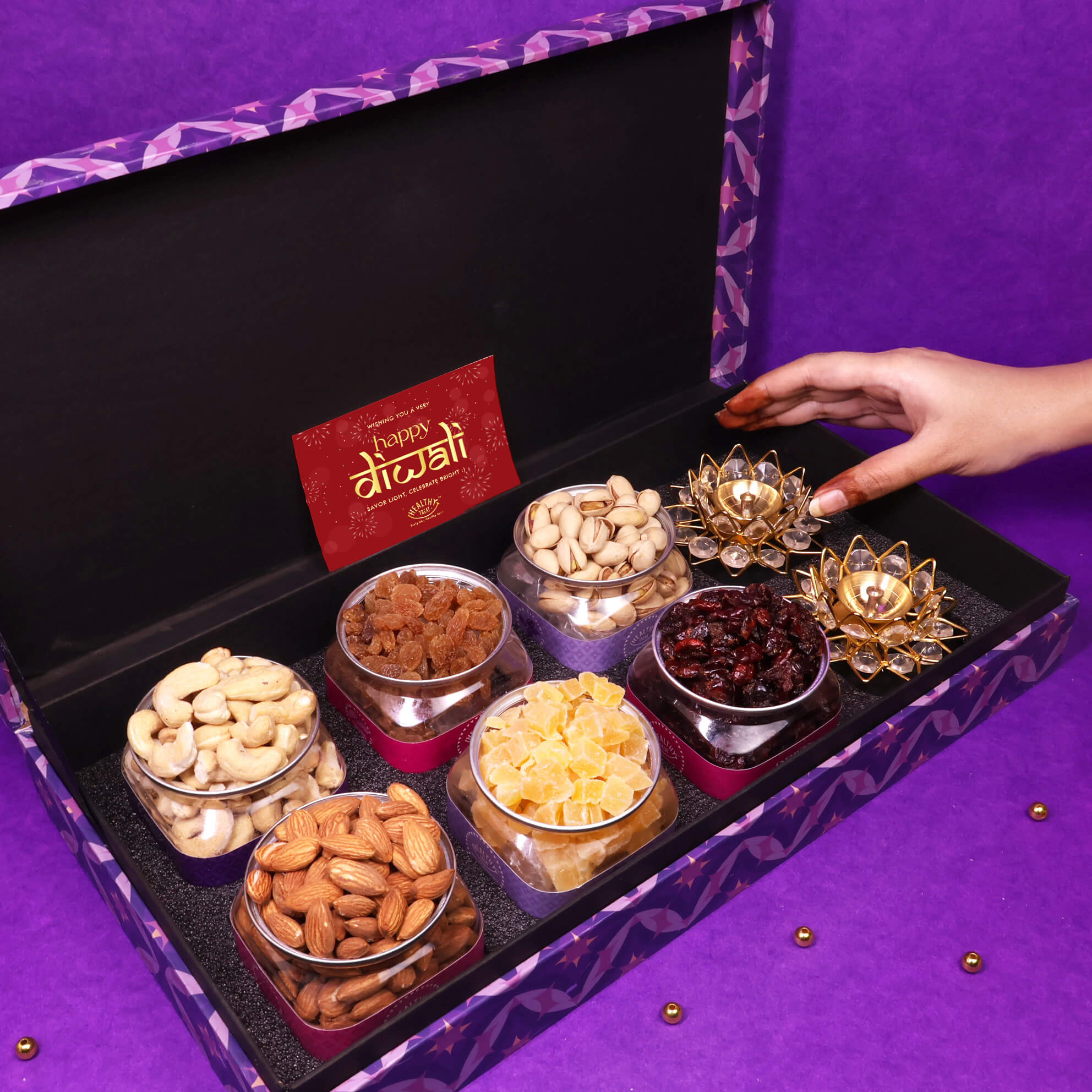 Elegance Premium Dry Fruit Diwali Gift box - Pack of 6 snacks, 2 Brass Diyas