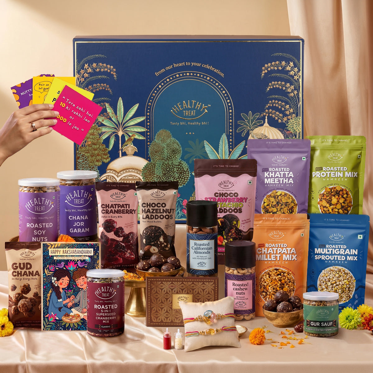 Festive Luxe Luxury Rakhi Hamper for Brother, 22 Items | Rakhi Pair, Roli Chawal, Dry Fruits, Cashews, Almonds, Seed Mix, Laddoos, Gud Chana, Chana Jor, Soy Nuts, Raksha Bandhan