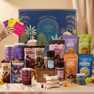 Festive Luxe Luxury Rakhi Hamper for Brother, 22 Items | Rakhi Pair, Roli Chawal, Dry Fruits, Cashews, Almonds, Seed Mix, Laddoos, Gud Chana, Chana Jor, Soy Nuts, Raksha Bandhan