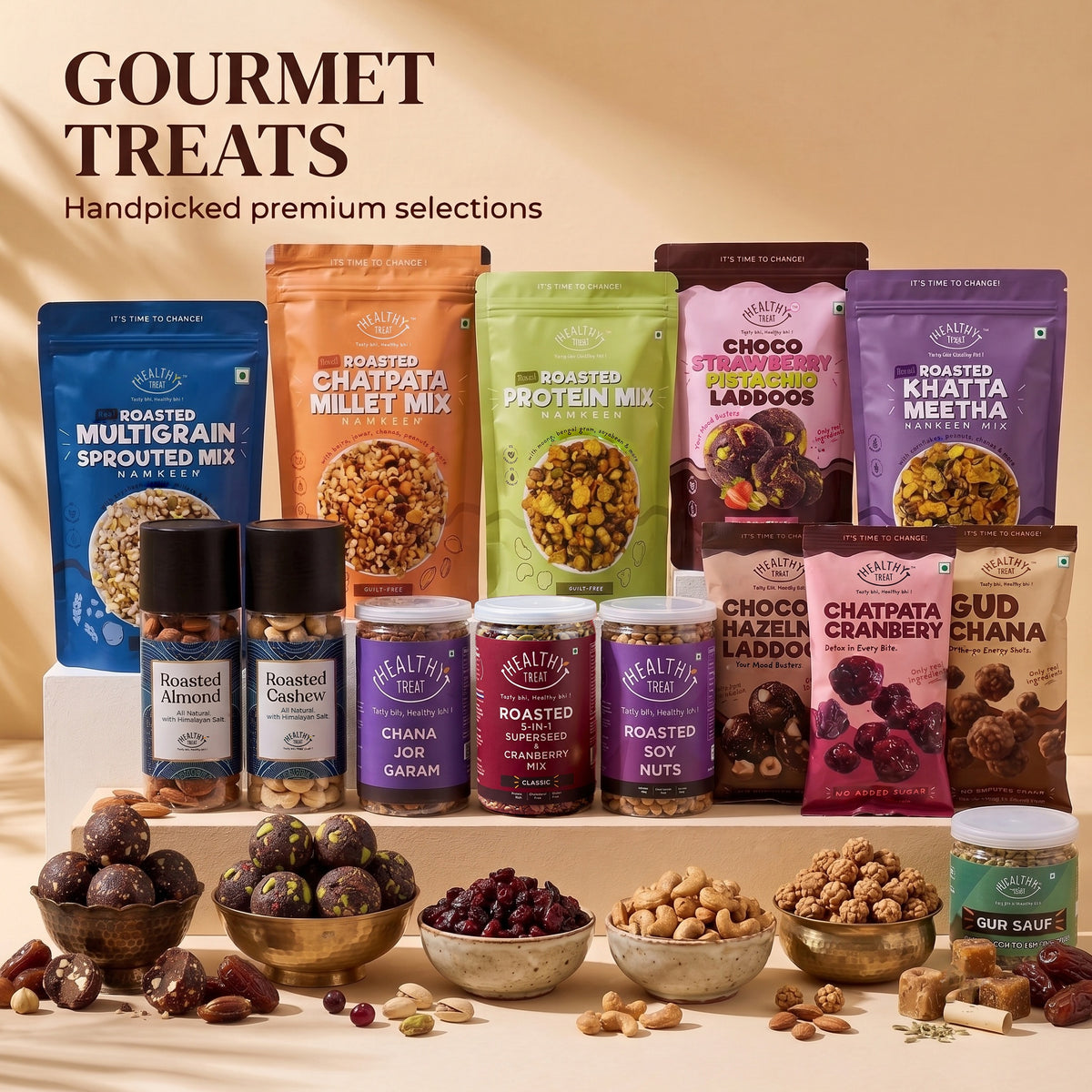 Festive Luxe Luxury Rakhi Hamper for Brother, 22 Items | Rakhi Pair, Roli Chawal, Dry Fruits, Cashews, Almonds, Seed Mix, Laddoos, Gud Chana, Chana Jor, Soy Nuts, Raksha Bandhan