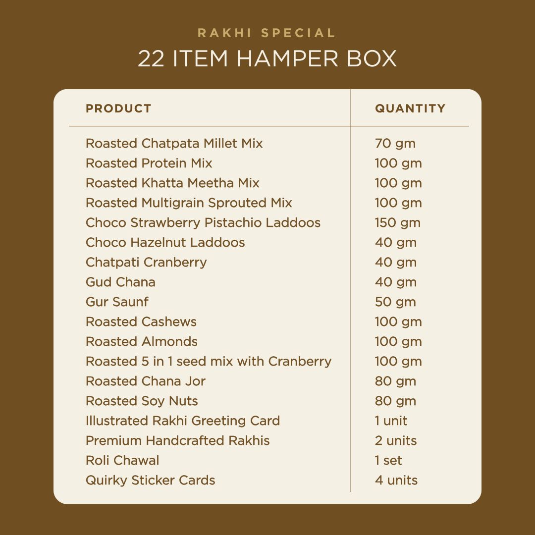 Festive Luxe Luxury Rakhi Hamper for Brother, 22 Items | Rakhi Pair, Roli Chawal, Dry Fruits, Cashews, Almonds, Seed Mix, Laddoos, Gud Chana, Chana Jor, Soy Nuts, Raksha Bandhan